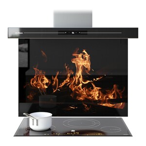 May include: A modern black cooktop with a built-in range hood. The cooktop has four circular burners and a white saucepan. The range hood features a digital display and a glass panel with a fiery flame design.