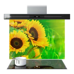 Può includere: Cappa da cucina nera con pannello in vetro con design di girasoli. Sotto, un piano cottura elettrico nero con una casseruola bianca. L'immagine ha un'estetica luminosa e pulita.