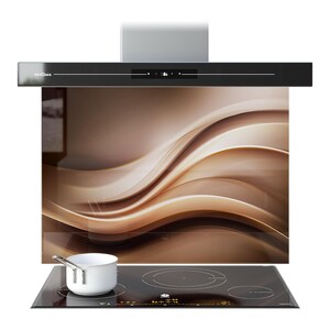 May include: A contemporary kitchen extractor fan in black with a stainless steel chimney. It has a digital display and is above a glass panel with a brown and beige wave design. A black induction hob and a white pot are in the foreground.