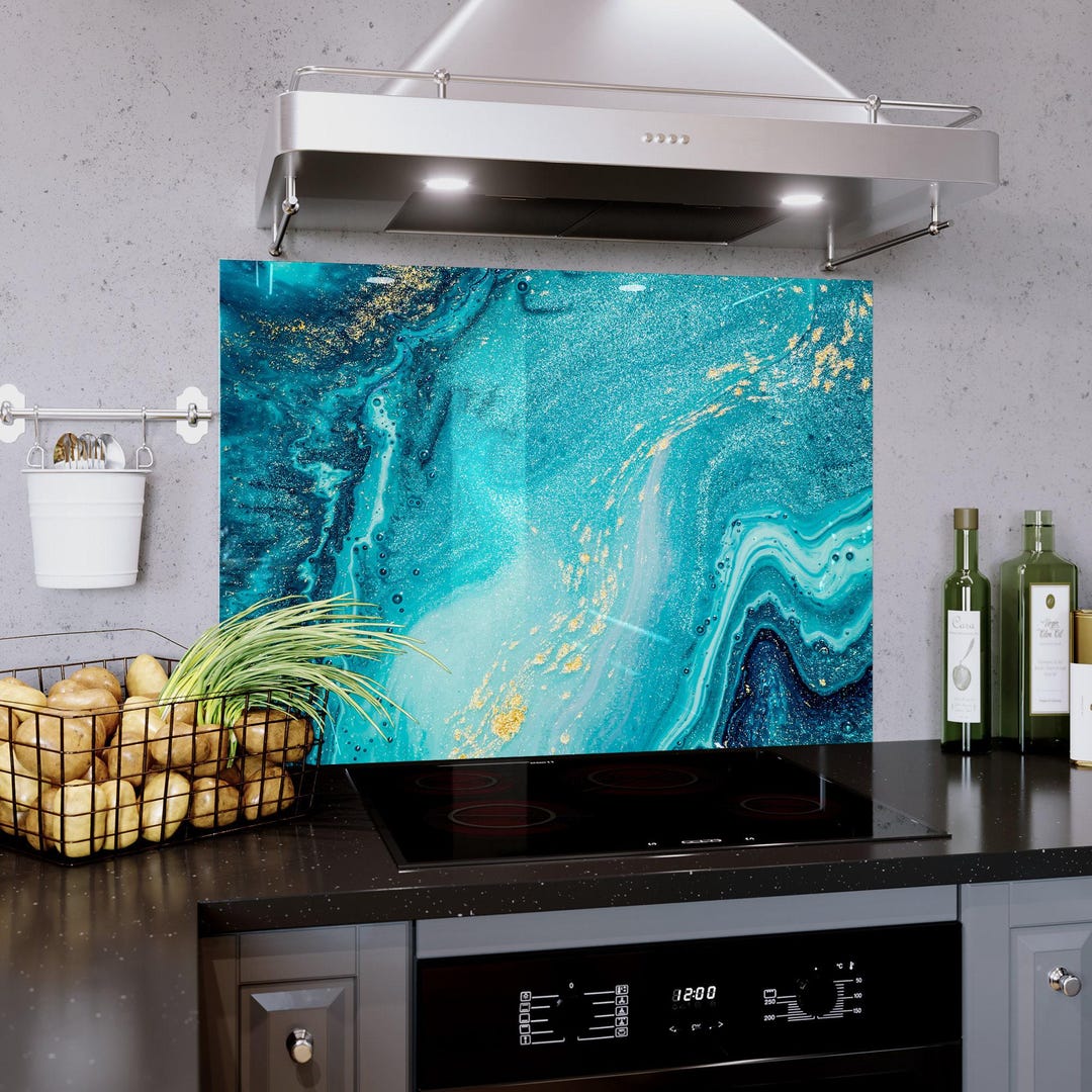 Kitchen Splashback Abstract Blue Marble Texture Tempered Glass ...