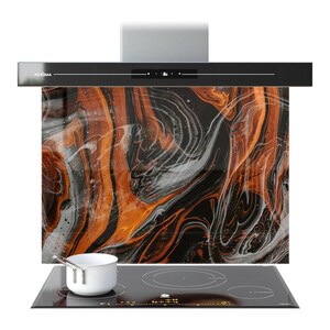 May include: A modern kitchen range hood with a black finish and a glass backsplash featuring an abstract orange, black, and white design. A black cooktop with a white saucepan is in the foreground.