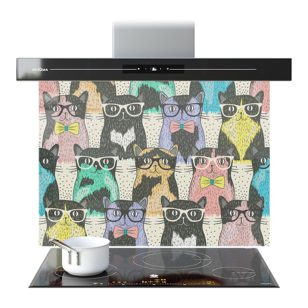 Kitchen Splashback Hipster Abstract Cat Animals Pattern Mosaic Tempered ...