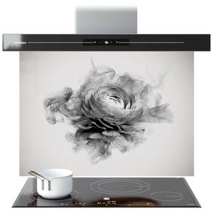 May include: A black and silver range hood with the brand name "PRISMA" printed on the front. Below is a black glass cooktop with a white pot. A large black and white floral design is in the background.