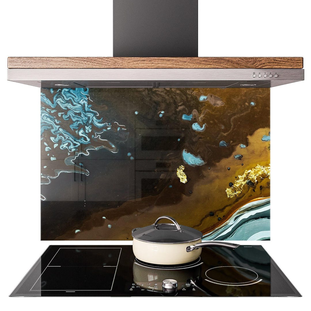 Kitchen Splashback Modern Abstract Blue Gold Marble Art Tempered Glass ...