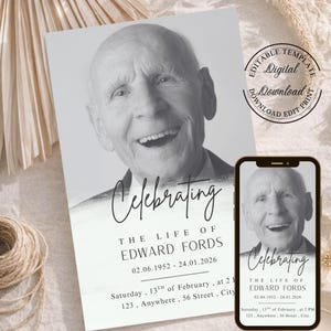 May include: A black and white memorial invitation with a portrait of an older man smiling. The text reads "Celebrating the Life of Edward Fords" with dates and event details. A smartphone displays the same design.