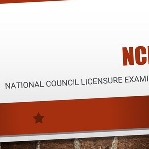 May include: A white background with a red banner at the bottom and the text "NCLEX" in large red letters. Below, in smaller gray letters, it reads "NATIONAL COUNCIL LICENSURE EXAMINATION". A small star is visible on the red banner.