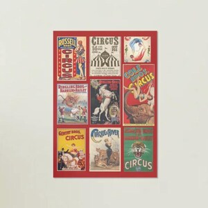 Può includere: Un collage di manifesti circensi vintage in vari colori, tra cui rosso, giallo e blu. I manifesti presentano illustrazioni di artisti, animali e testo come "Circo" e nomi come "Russell" e "Ringling Bros."