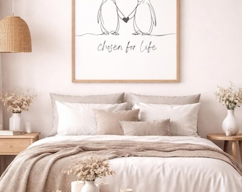 Arte mural imprimible de pareja de pingüinos para San Valentín: póster de amor con dibujo lineal minimalista, descarga digital romántica para parejas / póster de San Valentín