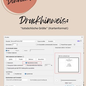 May include: A digital download graphic with printing instructions. The image displays a computer screen with print settings, including size and orientation options. Text includes "digitaler Download" and "Druckhinweis". The document size is 209.9 x 147.8 mm.