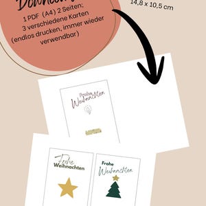 May include: Digital download of Christmas cards. The cards are white with the words "Frohe Weihnachten" and feature a star, a Christmas tree, and a candle. The cards measure 14.8 x 10.5 cm.