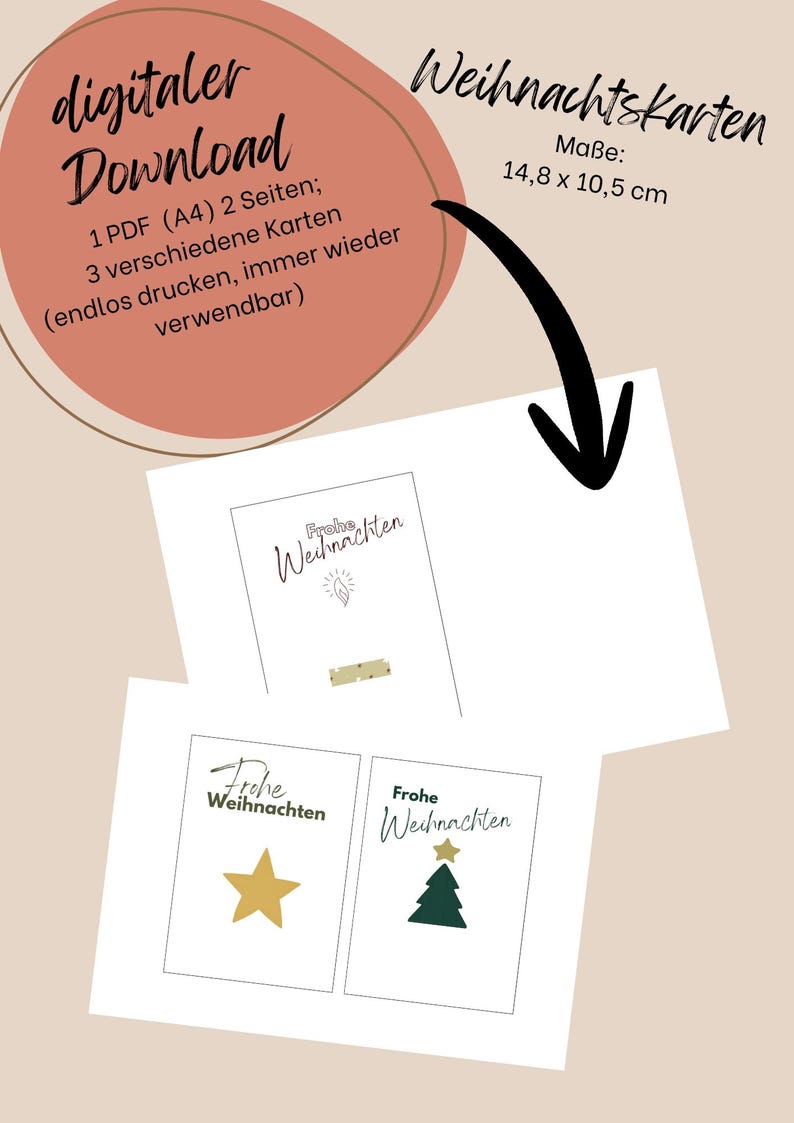 May include: Digital download of Christmas cards. The cards are white with the words "Frohe Weihnachten" and feature a star, a Christmas tree, and a candle. The cards measure 14.8 x 10.5 cm.