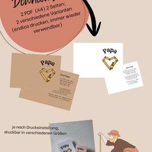 May include: Digital download for Father's Day cards. The cards feature a heart design made of a measuring tape and a bottle. The word "Papa" is written on the cards. The image also includes a drawing of a man measuring with a tape measure.