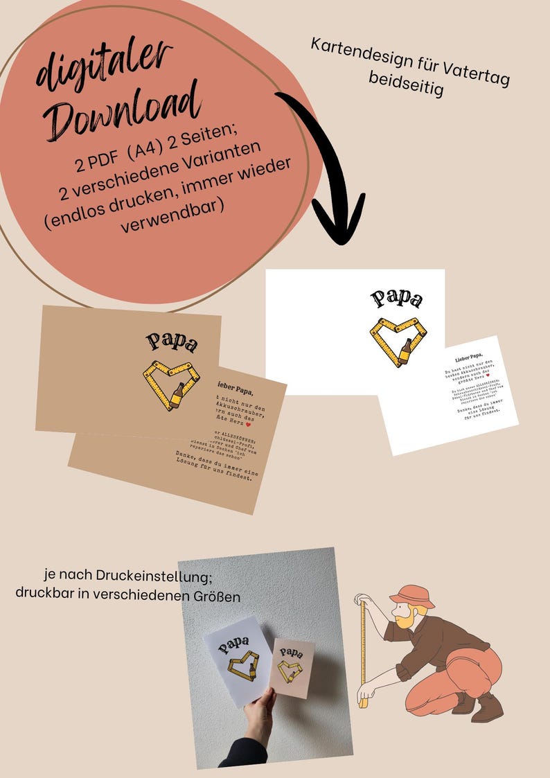 May include: Digital download for Father's Day cards. The cards feature a heart design made of a measuring tape and a bottle. The word "Papa" is written on the cards. The image also includes a drawing of a man measuring with a tape measure.