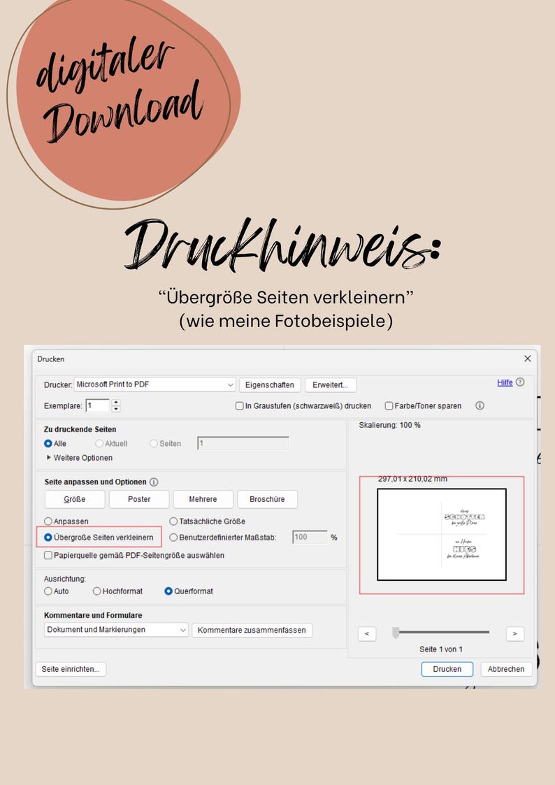 May include: A digital download graphic with printing instructions. The image shows a computer screen with a print dialog box open. The text includes "digital download" and "print instructions". The screen displays print settings.