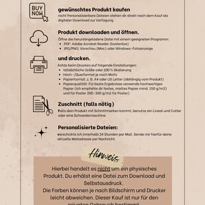 May include: A digital download product information sheet with instructions on how to purchase, download, and print. Includes icons for buying, downloading, printing, and cutting. Text in German.