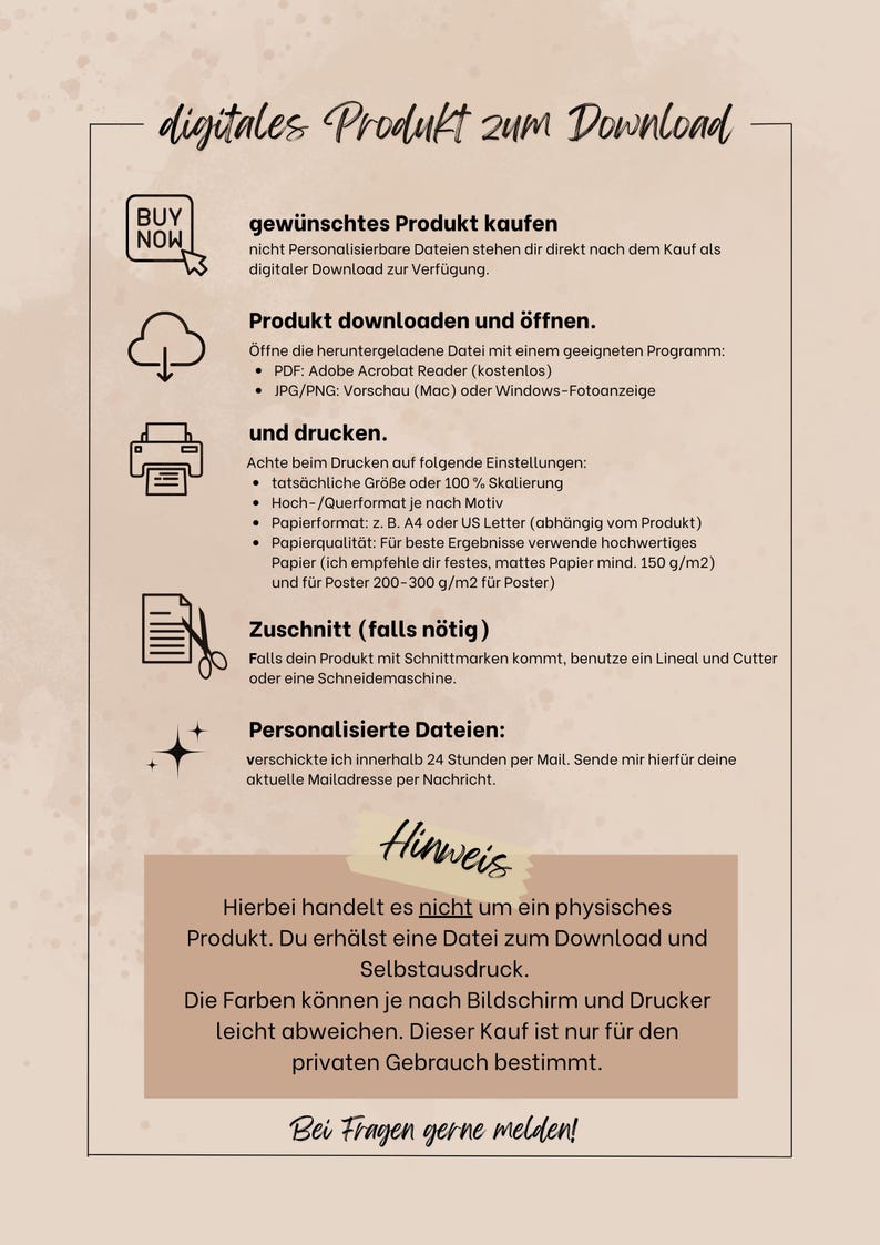May include: A digital download product information sheet with instructions on how to purchase, download, and print. Includes icons for buying, downloading, printing, and cutting. Text in German.