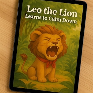 May include: A tablet shows a children's book illustration of a cartoon lion with an open mouth and a red scarf. The book's title, "Leo the Lion Learns to Calm Down", is in white text against a green backdrop. The tablet rests on a wooden surface.
