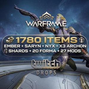 Può includere: Immagine promozionale per il videogioco Warframe, con un personaggio futuristico in posa dinamica. L'immagine include il logo del gioco, il testo "1780 ITEMS" e un elenco di oggetti di gioco. È visibile anche il logo Twitch Drops.
