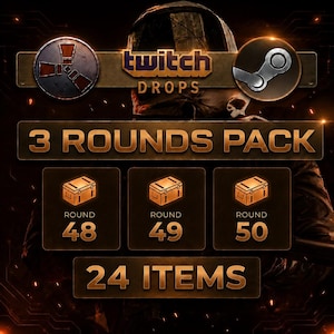 Może przedstawiać: Cyfrowa grafika dla wydarzenia Twitch Drops 3 Rounds Pack z logo Rust i Steam. Tekst zawiera napisy 3 ROUNDS PACK, ROUND 48, ROUND 49, ROUND 50 oraz 24 ITEMS. Trzy pomarańczowe ikony skrzyń znajdują się nad numerami poszczególnych rund.