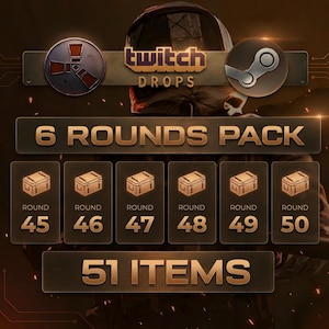 May include: A promotional graphic with the text "twitch DROPS" and "6 ROUNDS PACK". It features icons and text indicating rounds 45 through 50, and "51 ITEMS". The background is dark with a blurred figure.