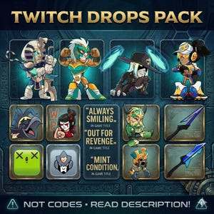 Puede incluir: Gráfico promocional para un "Twitch Drops Pack" con ilustraciones de personajes y títulos en el juego. La imagen presenta personajes en poses de acción, con superposiciones de texto como "Always Smiling" y "Mint Condition".