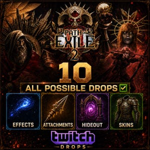 Puede incluir: Un gráfico promocional de Path of Exile 2 con el texto 10 ALL POSSIBLE DROPS. La imagen muestra cuatro categorías: EFFECTS con un icono de galaxia azul, ATTACHMENTS con una lanza, HIDEOUT con un portal morado y SKINS con una armadura.