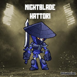 Puede incluir: Ilustración de un personaje ninja azul y negro llamado Nightblade Hattori, sosteniendo una espada. El personaje lleva un sombrero cónico y una máscara. El texto "NIGHTBLADE HATTORI" se muestra encima del personaje.