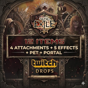 以下が含まれることがあります： 「Path of Exile」のプロモーション用グラフィック。ゲームのロゴと「12 ITEMS, 4 ATTACHMENTS + 5 EFFECTS + PET + PORTAL」というテキストが表示されています。グラフィックにはTwitchのロゴと「DROPS」という文字も含まれています。