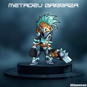 Puede incluir: Ilustración de un personaje llamado Metadeu Barraza, con un peinado mohawk y una máscara. El personaje lleva una armadura con detalles turquesa y empuña un arma. El texto "METADEU BARRAZA" está en la parte superior y "GGGamesLoot" en la inferior.