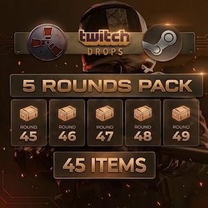 Puede incluir: Gráfico promocional para Twitch Drops, con el logotipo de Twitch y el icono de Steam. La imagen destaca un "PACK 5 RONDAS" con las rondas 45 a 49, e indica que se incluyen "45 ITEMS". El fondo tiene un tema oscuro y futurista.