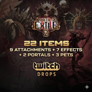 Può includere: Immagine promozionale per Path of Exile 2, con il logo del gioco e un guerriero con l'arco. L'immagine evidenzia 22 oggetti, tra cui accessori, effetti, portali e animali domestici. È visibile anche il logo Twitch Drops.
