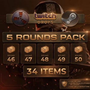 以下が含まれることがあります： 34個のアイテムを含むTwitch Dropsの5ラウンドパックのデジタルグラフィック。RustとSteamのロゴ、5 ROUNDS PACKというテキスト、ROUND 46から50までラベル付けされた5つのボックスがデザインされています。下部のバッジには、迅速な配送、プラットフォームの互換性、セットアップ手順が記載されています。