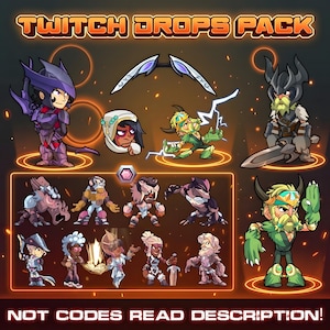 Könnte beinhalten: Eine digitale Grafik mit dem Titel TWITCH DROPS PACK, die verschiedene Fantasy-Charaktere im Cartoon-Stil, Waffen und Symbole zeigt. Das Bild enthält mehrere gepanzerte Krieger, Kreaturen und Leuchteffekte mit dem Text NOT CODES READ DESCRIPTION.