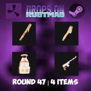 May include: An image with the text "DROPS ON RUSTMAS" and "ROUND 47 | 4 ITEMS". The image displays four items: a decorated pen, a decorated pen, a snowman-shaped bottle, and a toy gun with red and white stripes.