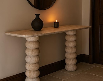 Handmade Travertine Console Table: Minimalist Stone Entryway Furniture