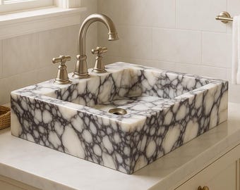 Handmade Calacatta Viola Marble Sink, Rectangular Bathroom Vessel