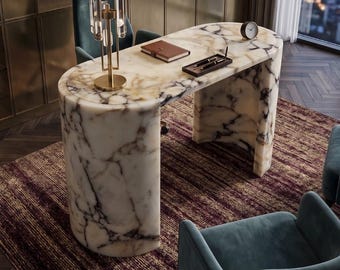 Calacatta Viola Marmor Konsolentisch, skulpturaler Steinschreibtisch, luxuriöse Eingangsbereichmöbel