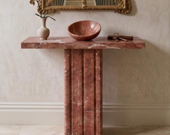 Consola de travertino rojo, mesa de entrada de piedra natural, mesa de pasillo de mármol con pedestal estriado, muebles de piedra de lujo a medida