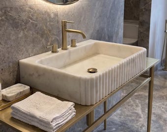 Carrara Marble Sink, Fluted Vessel Basin, Custom Wall Mounted Bathroom Sink