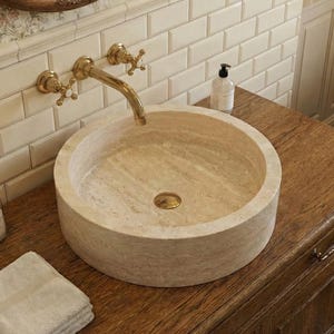 Handmade Travertine Round Marble Sink: Luxury Bathroom Vanity
