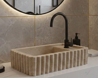 Lavabo cannelé en marbre travertin fait main, vasque en pierre naturelle, vasque de salle de bain nervurée, lavabo sculpté à la main
