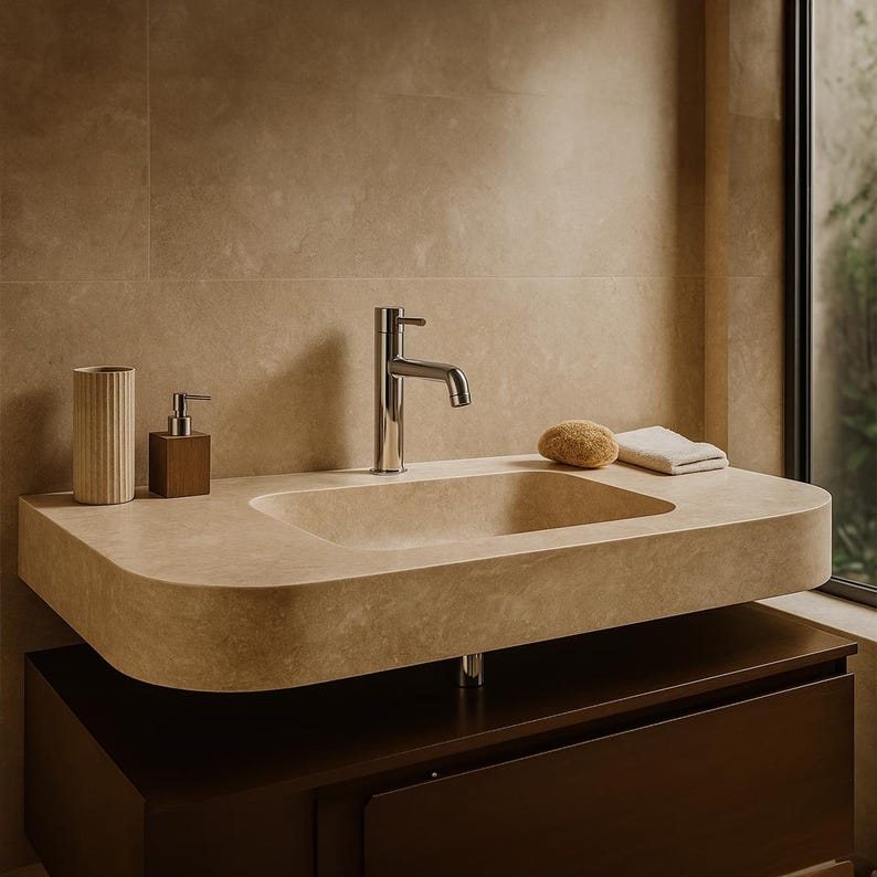 May include: A contemporary bathroom sink with a stone countertop. The sink features a chrome tap, a soap dispenser, and a ribbed tumbler. A small sponge and a folded towel are also on the countertop. The countertop is made of a light beige stone.