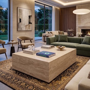 May include: A large rectangular travertine coffee table sits on a dark patterned rug in a living room. The table holds stacked books, including one titled Mykonos, a small gold bowl, and a clear glass sculpture. Nearby are a green sofa and chairs.