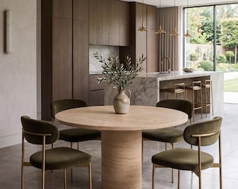 Travertine Dining Table, Round Stone Dining Table, Mid Century Modern Kitchen Table, Natural Marble Dining Table, Luxury Pedestal Table