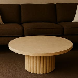 Handmade Travertine Coffee Table, Round Center Table with Fluted Base, Natural Stone Modern Living Room Furniture