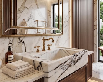 May include: A bathroom vanity featuring a white marble countertop and integrated sink with prominent black veining. The vanity includes dark wood cabinetry, a brass faucet, and a stack of two folded beige towels next to a brown soap dispenser.