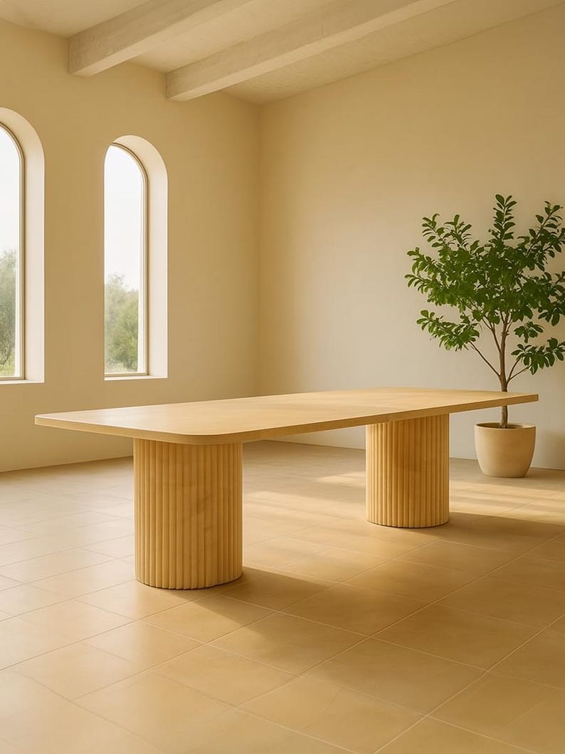 Puede incluir: Una mesa de comedor rectangular de color claro con esquinas redondeadas, sostenida por dos columnas cil&iacute;ndricas y acanaladas. La mesa est&aacute; en una habitaci&oacute;n con ventanas arqueadas y una planta en maceta.