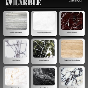 May include: A Modelce Marble stone catalog featuring nine distinct stone samples: Silver Travertine, Afyon Marble White, Rosso Levanto, Lilac Marble, Verde Levanto, Travertine White/Beige, Calacatta Gold, Bursa Black, and Calacatta Viola.