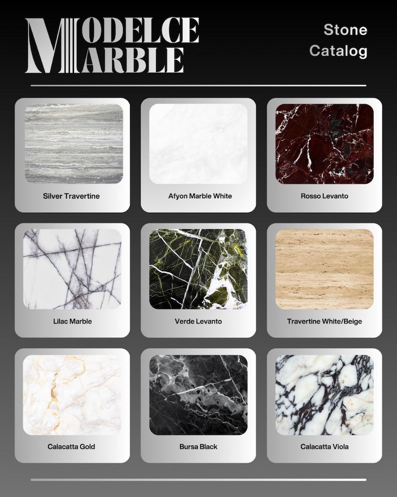 May include: A Modelce Marble stone catalog featuring nine distinct stone samples: Silver Travertine, Afyon Marble White, Rosso Levanto, Lilac Marble, Verde Levanto, Travertine White/Beige, Calacatta Gold, Bursa Black, and Calacatta Viola.