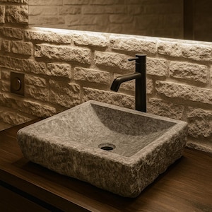 Hand Carved Grey Travertine Marble Sink: Ribbed Natural Stone Vanity